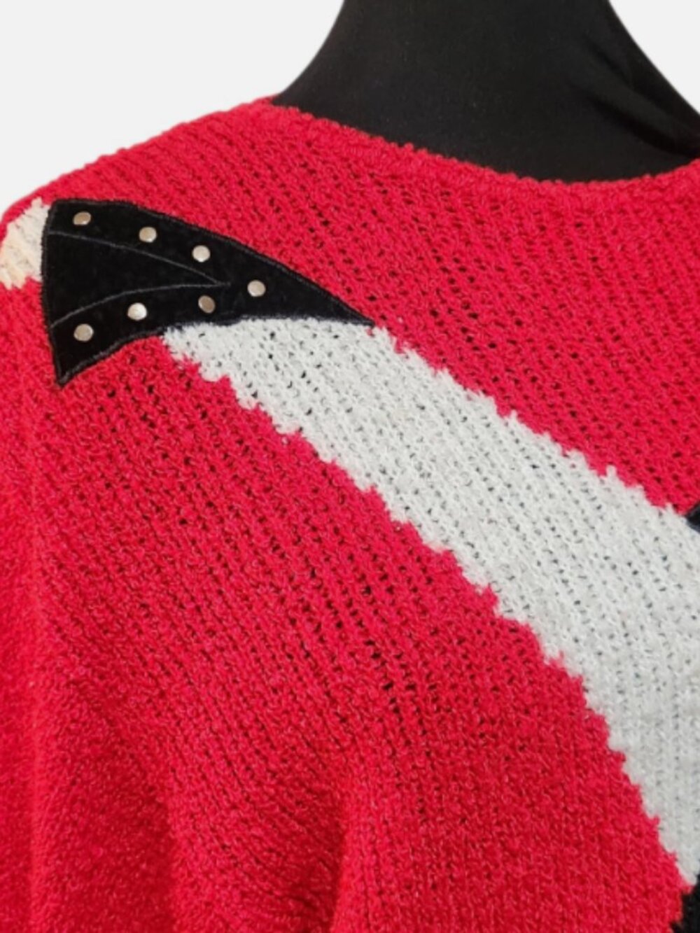 Vintage Le Chois Sweater 80s Womens Large Red Black Silver Geometric - Picture 2 of 8